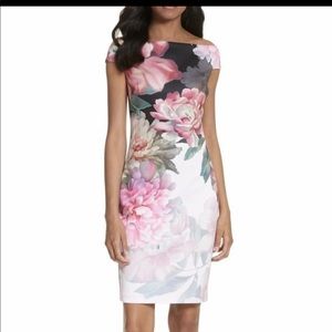 Ted baker off the shoulder pencil dress black and pink floral size back zipper